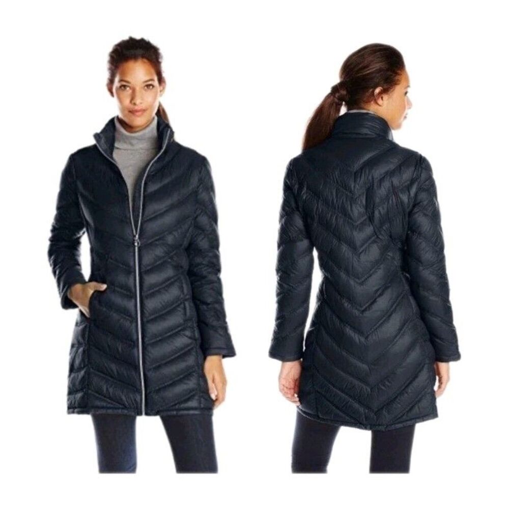 Calvin Klein Packable Down Puffer Coat Gray Long Jacket Womens Small Zip EUC